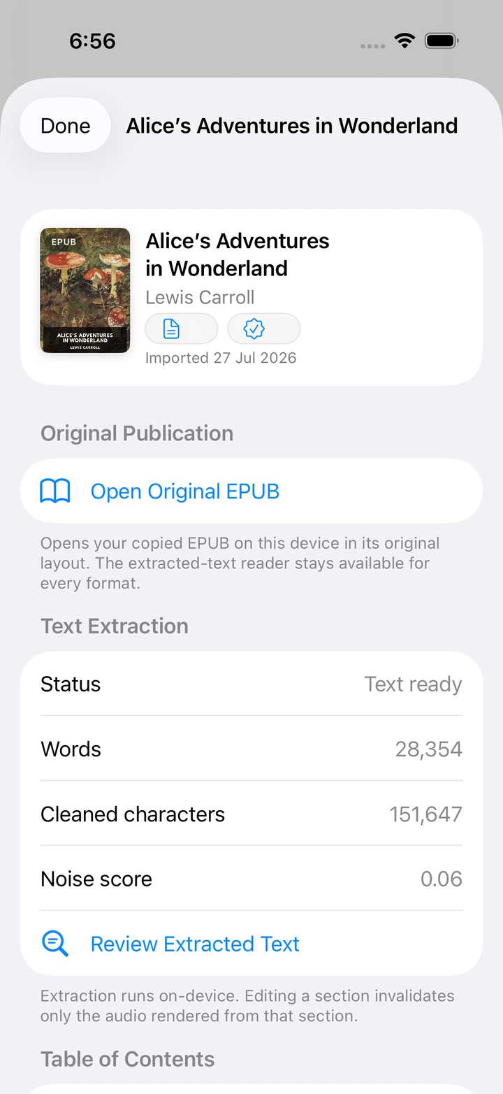 Book detail for Alice’s Adventures in Wonderland showing on-device text extraction status, word count, and the Review Extracted Text action.