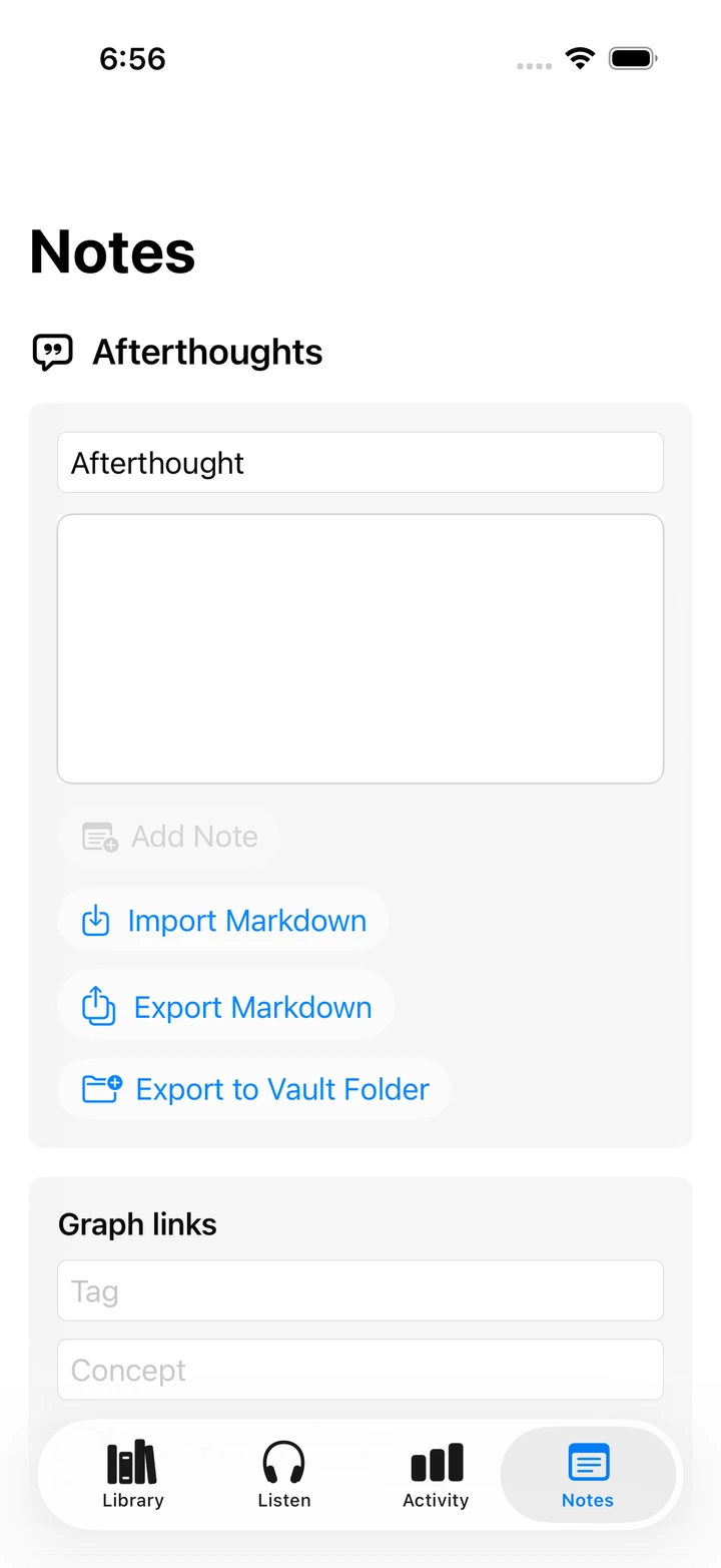 The Blubb Notes tab on iPhone with Markdown import and export and graph links.