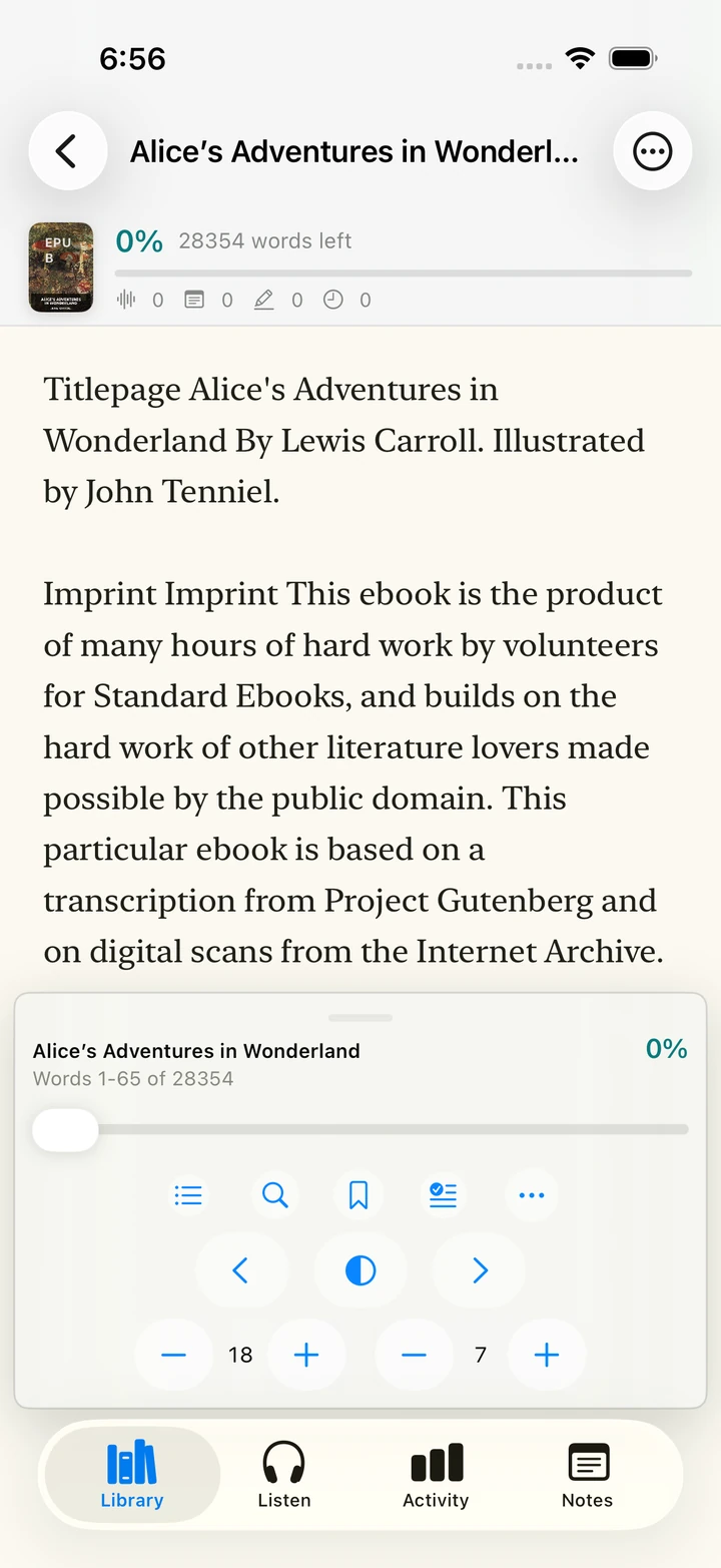 Blubb Page View on iPhone showing a paginated page of Alice’s Adventures in Wonderland.