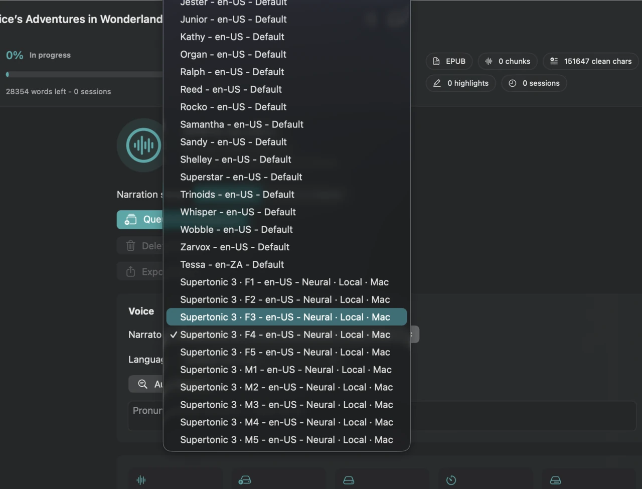 The Blubb Listen workspace on Mac with the narrator picker open, showing local neural narrators alongside Apple voices.